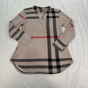 Tan Plaid Button Adjustable Sleeve Tunic Blouse Size S-M           Lot O